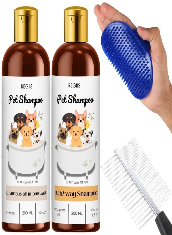 REGIIS Pet Shampoo Set with Grooming Brush, All-in-One Wash and Itch Away Formula, 200ml Each, Includes Massage Comb(Pack of 4) - Image 1